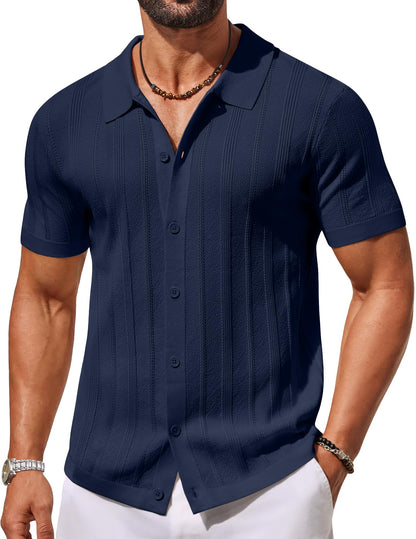 HOTCOOFANDY Men's Knit Button Down Shirts Short Sleeve Polo Shirt Casual Vacation Summer Beach Shirts
