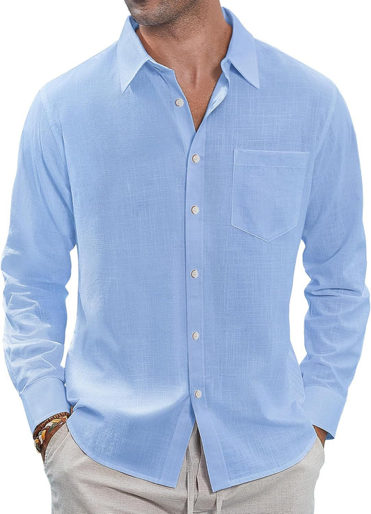 HOTJ.VER Men's Linen Shirts Casual Button Down Long Sleeve Shirt Solid Spread Collar Summer Beach Shirts with Pocket