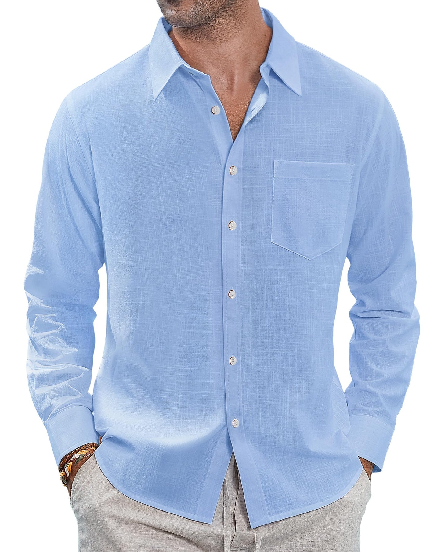 HOTJ.VER Men's Linen Shirts Casual Button Down Long Sleeve Shirt Solid Spread Collar Summer Beach Shirts with Pocket