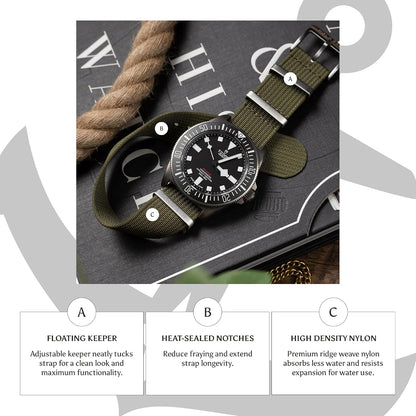 HOTAnchor Strap Co | Ribbed Nylon Watch Strap | Ridge Weave Quick-Dry Band | Brushed Stainless Steel Buckle | Floating Keeper | Heat-Sealed Notches | 5.75–8.5in Wrists