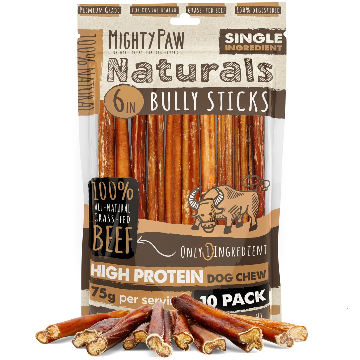 HOTMighty Paw Long Lasting 12" Bully Sticks for Dogs - All Natural Grass Fed Beef Chews. Lower Odor Dog Bully Sticks for Large Dogs, Medium and Small Breeds. Single Ingredient Treats