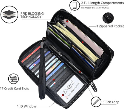 HOTBveyzi Women RFID Blocking Wallet Leather Zip Around Phone Clutch Large Capacity Ladies Travel Purse Wristlet
