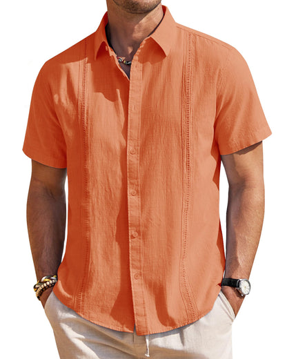 HOTMens Linen Textured Shirt Short Sleeve Button Down Cuban Guayabera Shirt | 100% Cotton, Casual Wear, Lightweight Breathable, Summer Beach, Untucked, Relaxed Fit, Vacation, Cruise, Camp, Collared