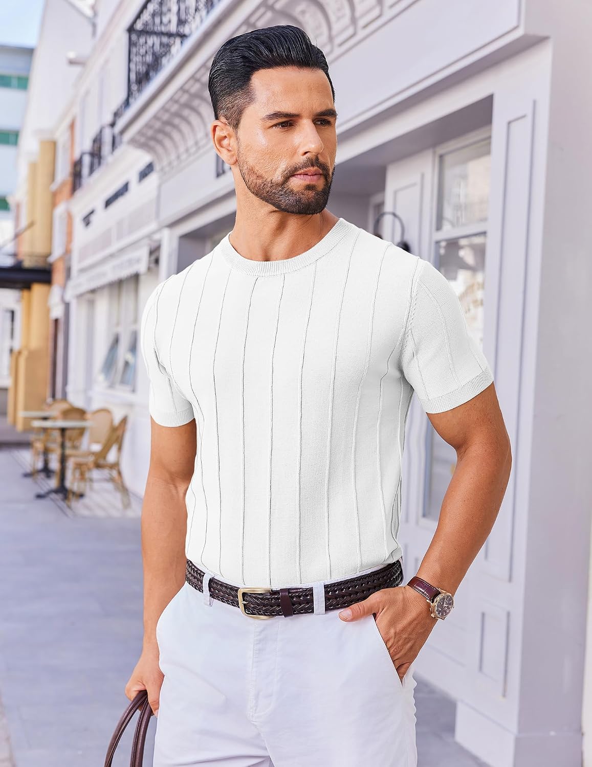 HOTCOOFANDY Men's T- Shirts Short Sleeve Knit Sweater Shirt Casual Crewneck Ribbed Pullover Tees