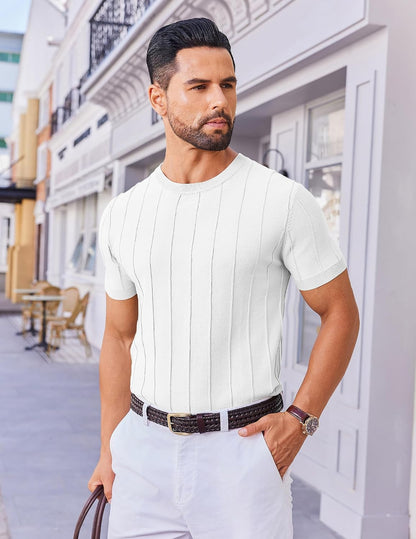HOTCOOFANDY Men's T- Shirts Short Sleeve Knit Sweater Shirt Casual Crewneck Ribbed Pullover Tees
