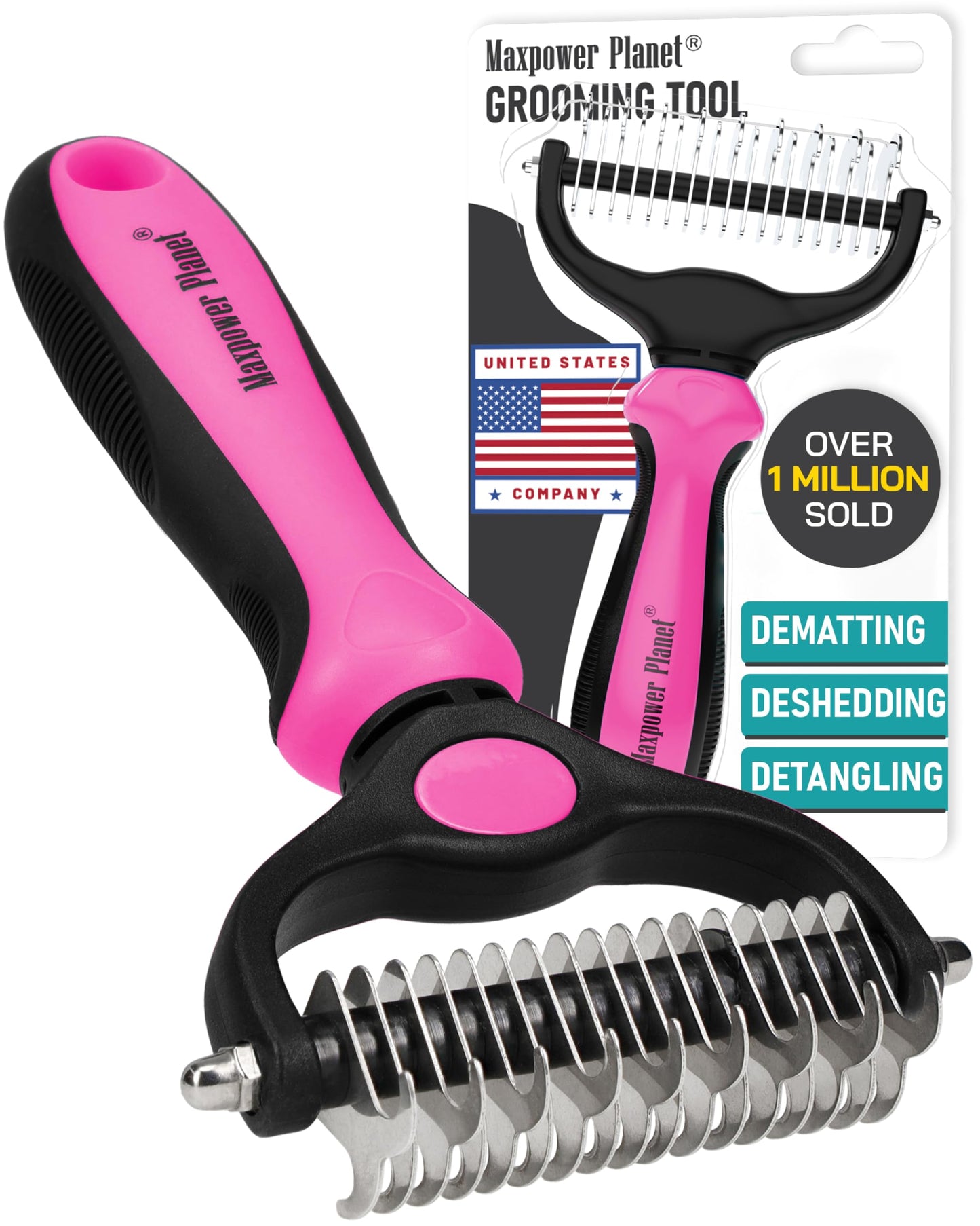 HOTMaxpower Planet Original Pet Grooming Rake - Double-Sided Deshedding Dematting Tool, Undercoat Rake for Dogs & Cats, Extra-Wide Dog Grooming Brush & Deshedder Comb for Long Hair, Reduces Shedding 95%