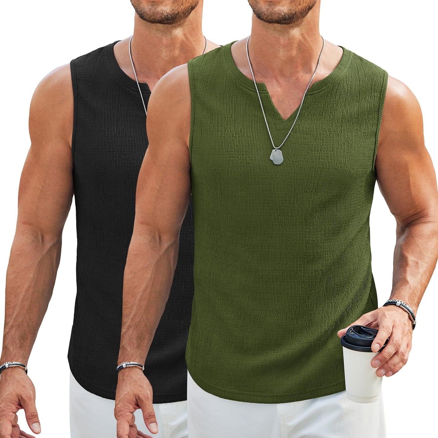 HOTCOOFANDY Men's Casual Tank Tops Knit V Neck Sleeveless T Shirts 2 Pack Summer Beach Lightweight Muscle Tee