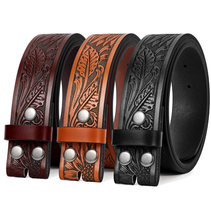HOTSANSTHS 3 Pack Western Belts for Men Woman without Buckle, Cowgirl Cowboy Belt for Buckle Western Leather Belt for Jeans | Embossed Genuine Leather, 1.5" Wide Belt, 3 Snap Buttons, Classic Cowboy Style, for Western buckle Rodeos Costume Party Gifts