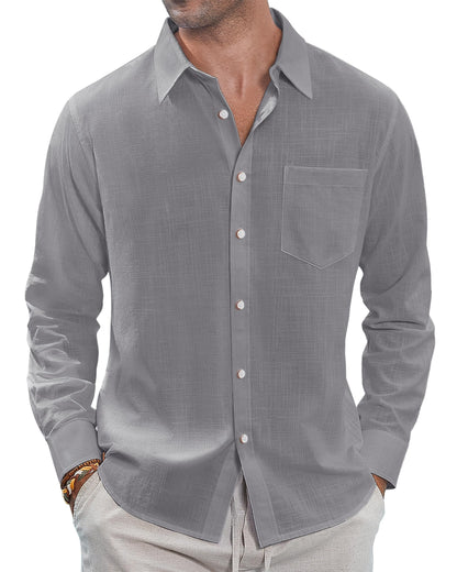 HOTJ.VER Men's Linen Shirts Casual Button Down Long Sleeve Shirt Solid Spread Collar Summer Beach Shirts with Pocket
