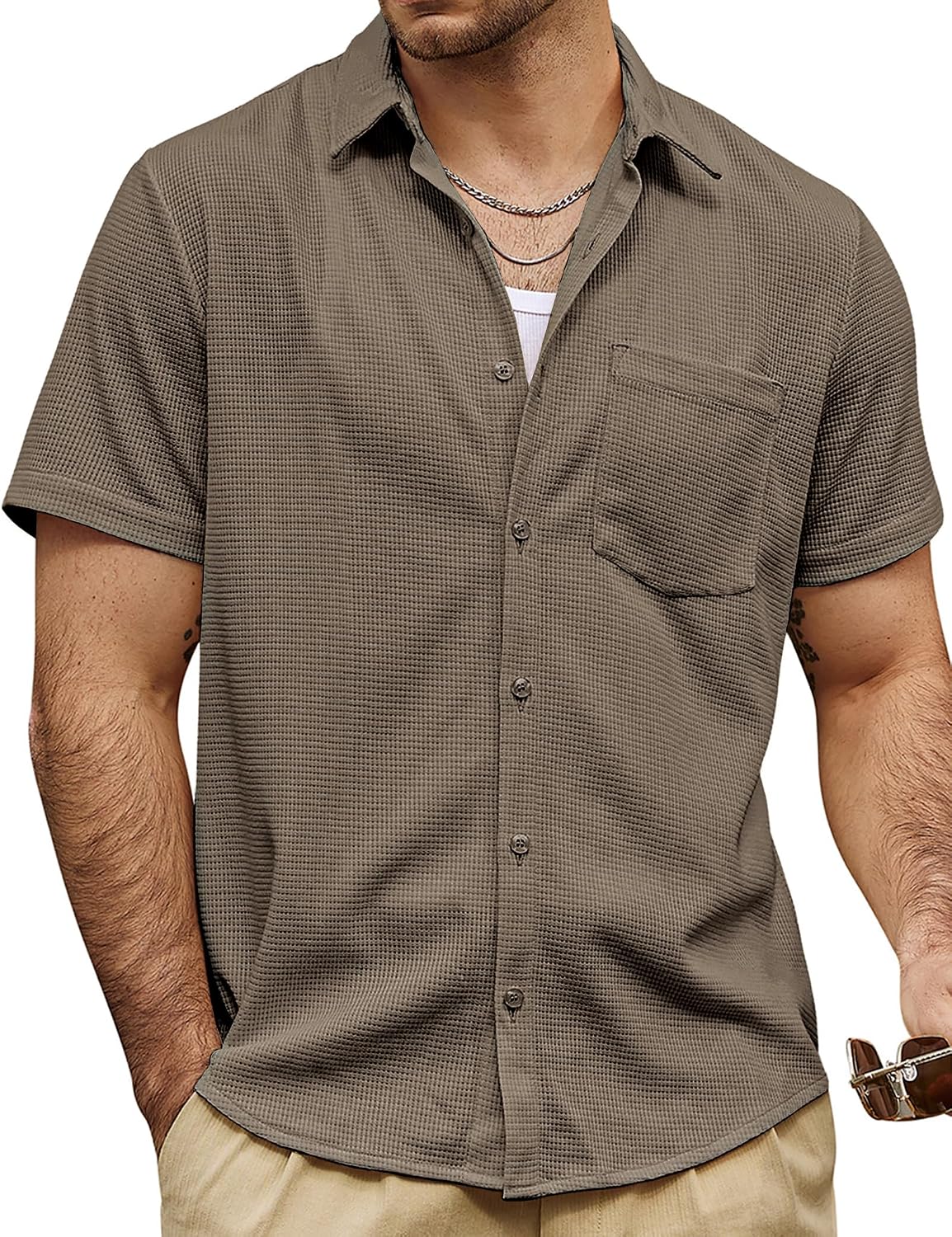 HOTVATPAVE Mens Casual Waffle Shirt Short Sleeve Button Down Summer Shirts | Beach, Untucked, Camp, Daily, Work, Family Photo, Old Money, Vacation, Collared, Wedding, Date, Cruise, Going Out, Pocket