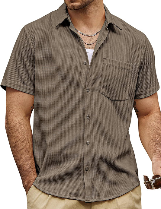 HOTVATPAVE Mens Casual Waffle Shirt Short Sleeve Button Down Summer Shirts | Beach, Untucked, Camp, Daily, Work, Family Photo, Old Money, Vacation, Collared, Wedding, Date, Cruise, Going Out, Pocket