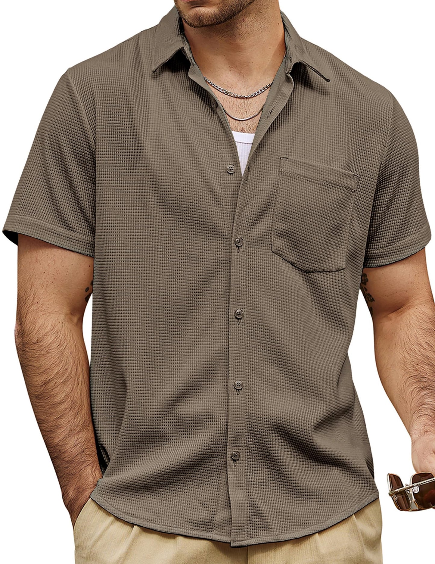 HOTVATPAVE Mens Casual Waffle Shirt Short Sleeve Button Down Summer Shirts | Beach, Untucked, Camp, Daily, Work, Family Photo, Old Money, Vacation, Collared, Wedding, Date, Cruise, Going Out, Pocket