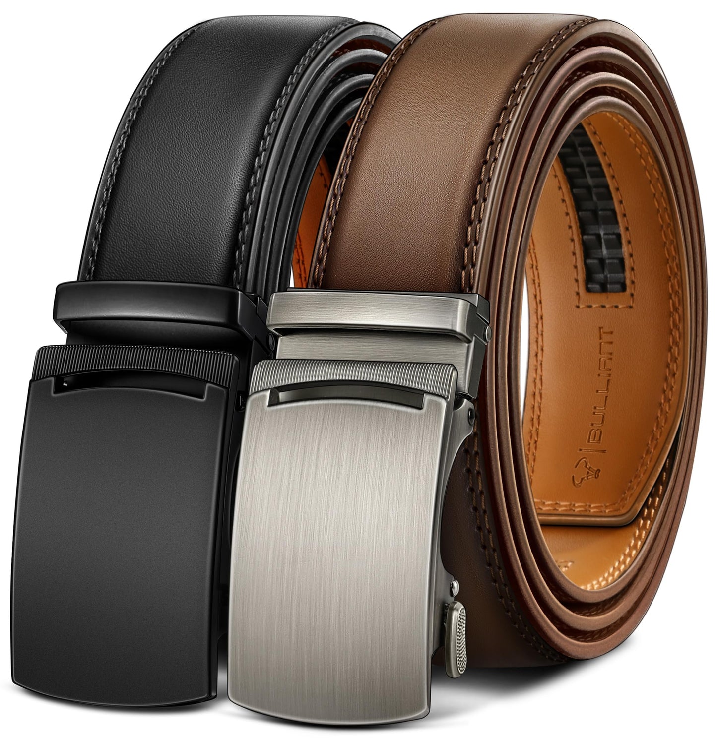 HOTBULLIANT Men's Ratchet Leather Belt Trimmable 2Pack 1 3/8"-Gift Boxed | Smooth Sliding | Precise Fit | Tailored Size | Holeless for Dress or Casual