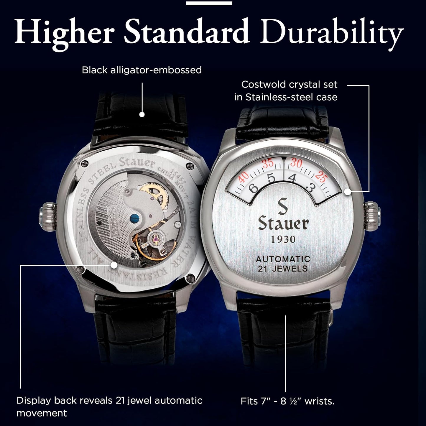 HOTStauer 1930 Dashtronic Watch Cotswold Genuine Men's Automatic Watch with Leather Band and Stainless Steel Case 21-Jewel Movement and 3-ATM Water Resistant