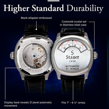 HOTStauer 1930 Dashtronic Watch Cotswold Genuine Men's Automatic Watch with Leather Band and Stainless Steel Case 21-Jewel Movement and 3-ATM Water Resistant