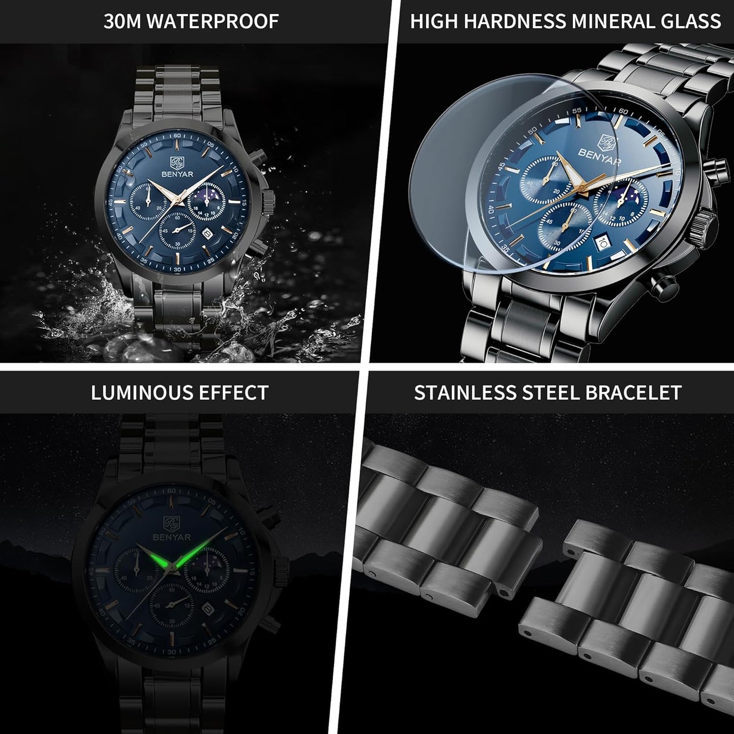 HOTBENYAR Mens Watches Analog Quartz Chronograph Waterproof Wrist Watches for Men Fashion Business Work Casual Sport Designer Dress Watch with Calendar Elegant Gifts for Men