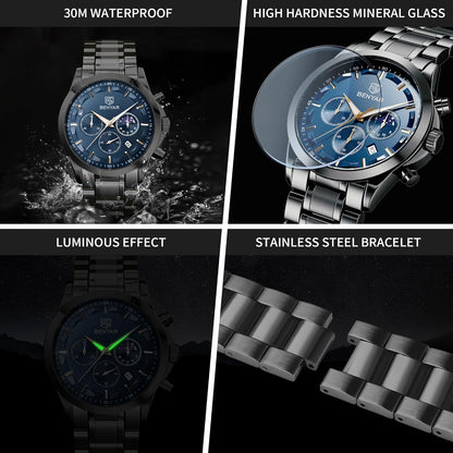 HOTBENYAR Mens Watches Analog Quartz Chronograph Waterproof Wrist Watches for Men Fashion Business Work Casual Sport Designer Dress Watch with Calendar Elegant Gifts for Men