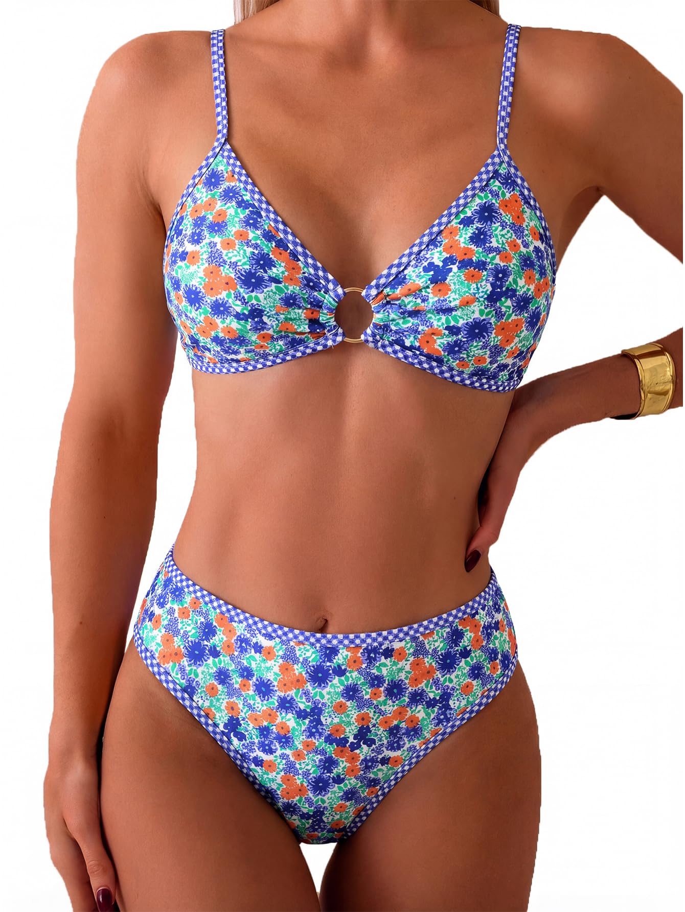 HOTTainehs Women's Two Piece Bikini Sets O Ring Front Top Ditsy Floral Triangle Swimsuits Cheeky Bathing Suit