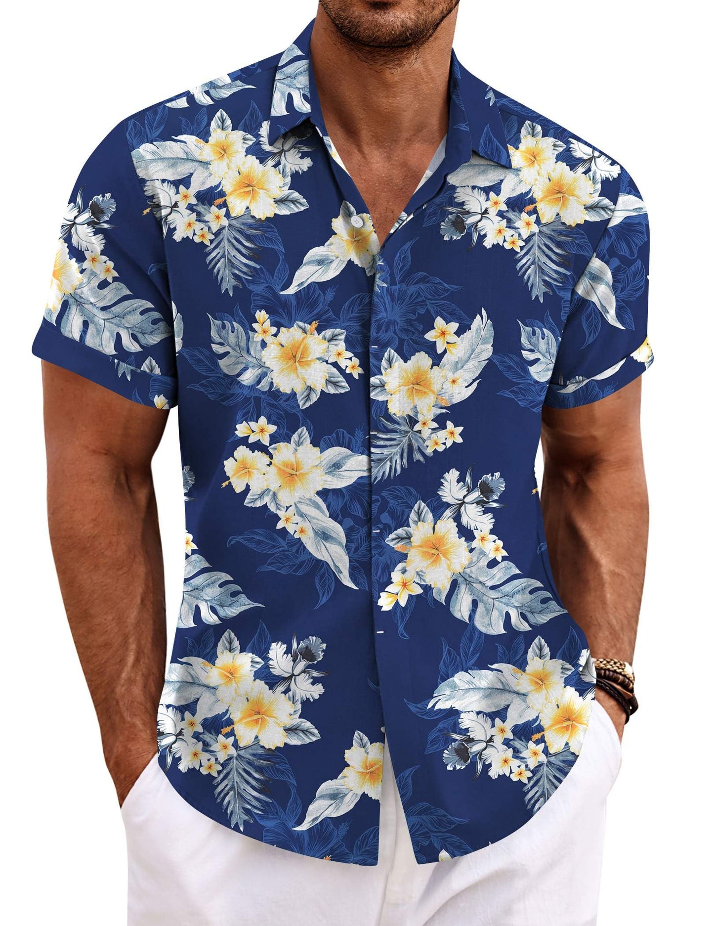 HOTCOOFANDY Men's Linen Shirts Short Sleeve Casual Shirts Button Down Shirt for Men Beach Summer Wedding Shirt