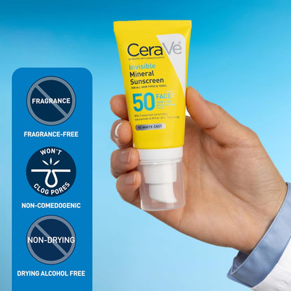 HOTCeraVe Invisible Mineral Sunscreen SPF 50, Face Sunscreen for Sensitive Skin With Zinc Oxide & Titanium Dioxide, Vitamin E + Niacinamide + Ceramides, Oil Free, Travel Size 1.62 oz