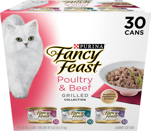 HOTPurina Fancy Feast Grilled Wet Cat Food Poultry and Beef Collection Wet Cat Food Variety Pack - (Pack of 30) 3 oz. Cans