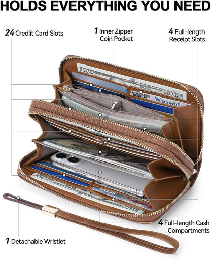 HOTBOSTANTEN Wristlet Wallets for Women RFID Large Capacity Clutch Wallet | 24 Card Slots, 2 Zipper Pockets, Phone ＆ Card Holder, Zip Around, Hand Strap, Vegan Leather, Great Gifts,