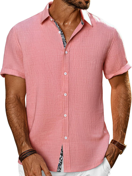 HOTPJ PAUL JONES Mens Short Sleeve Button Down Shirts Casual Summer Clothing | Linen Textured, Summer Beach Vacation Tops, Untucked Dress Shirt, Lightweight, Regular Fit, Fashion Resort Wear