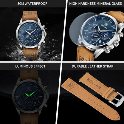 HOTBENYAR Mens Watches Analog Quartz Chronograph Waterproof Wrist Watches for Men Fashion Business Work Casual Sport Designer Dress Watch with Calendar Elegant Gifts for Men