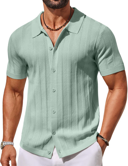 HOTCOOFANDY Men's Knit Button Down Shirts Short Sleeve Polo Shirt Casual Vacation Summer Beach Shirts