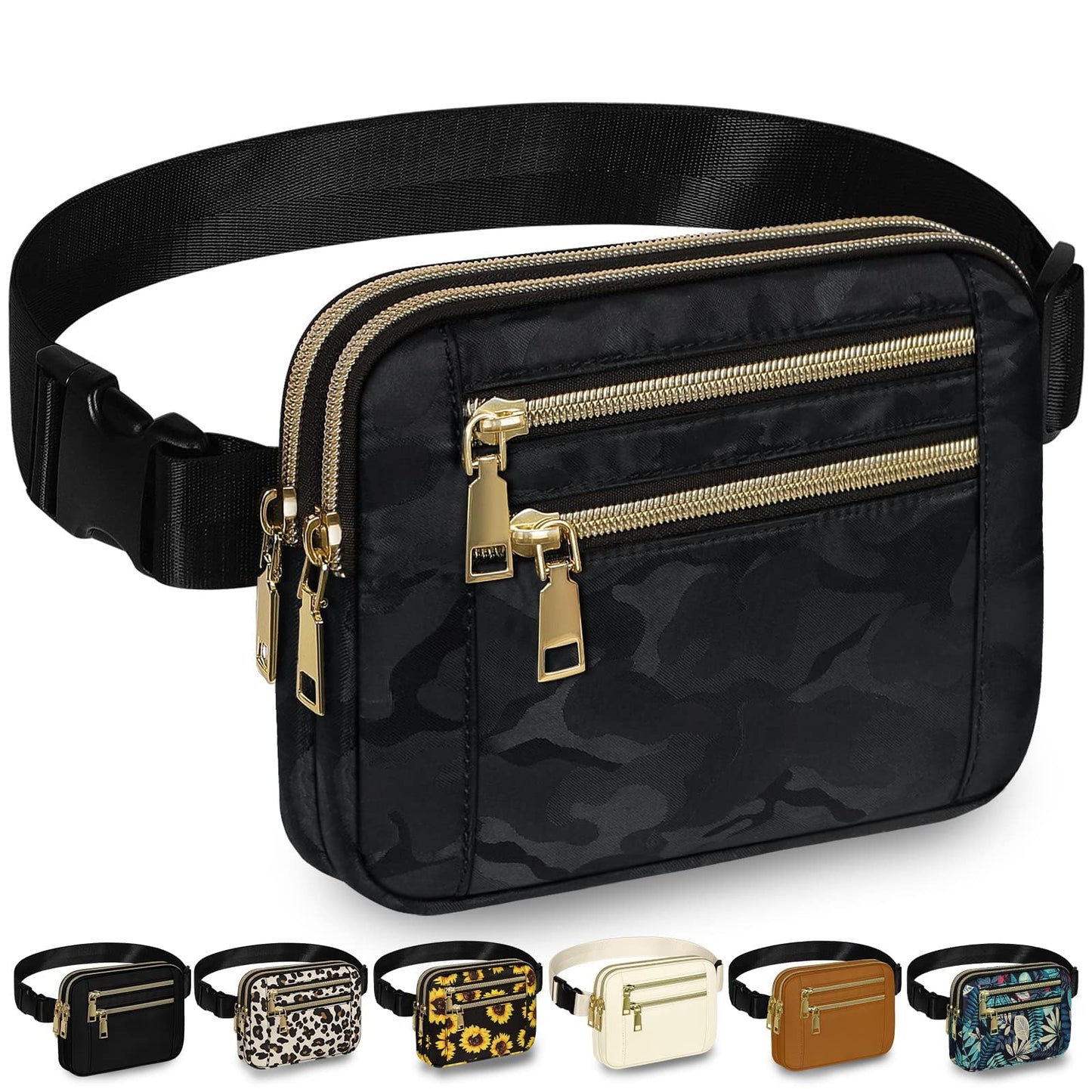 HOTCapolo Fanny Packs for Women Fashion Waist Packs Bag with Adjustable Strap and 4 Zipper Pockets Waterproof Everywhere Crossbody Belt Bag for Workout Running Travelling(Black, Large)