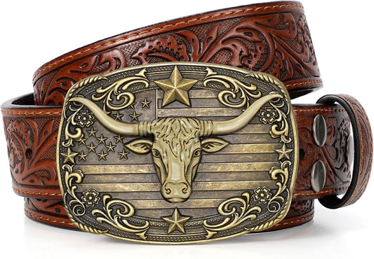 HOTSANSTHS Western Cowboy Belts for Men Women, Mens Western Belt Bull Buckle Country Belt Cowboy Leather Belt for Jeans