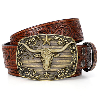 HOTSANSTHS Western Cowboy Belts for Men Women, Mens Western Belt Bull Buckle Country Belt Cowboy Leather Belt for Jeans