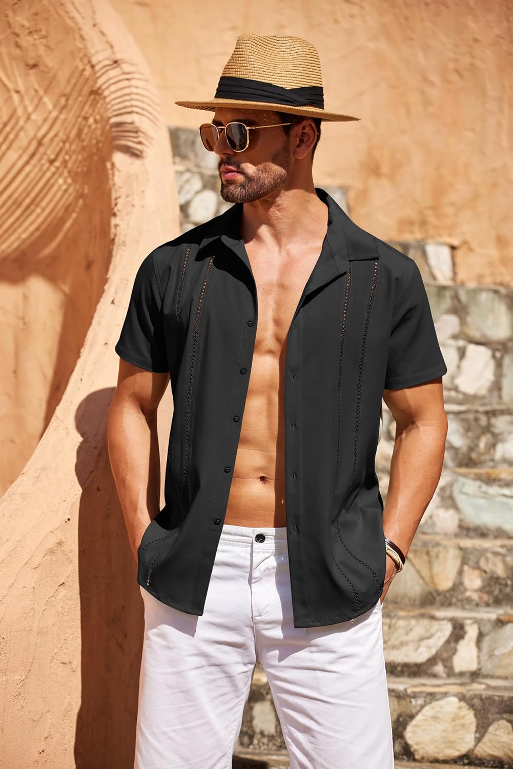 HOTCOOFANDY Men's Cuban Guayabera Shirt Short Sleeve Button Down Shirts Casual Summer Beach Linen Shirts