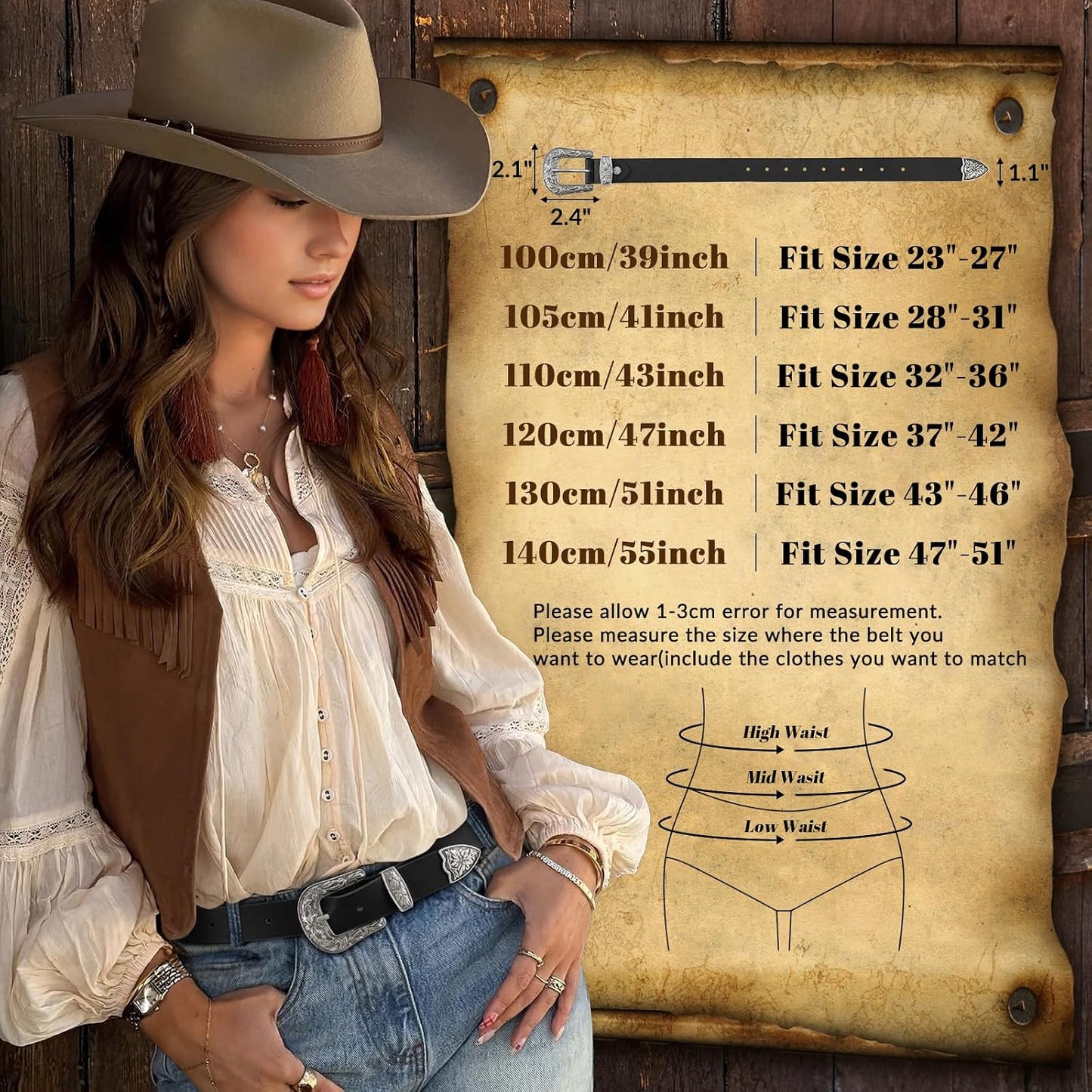 HOTJASGOOD Women Leather Belts Ladies Vintage Western Design Black Waist Belt for Pants Jeans Dresses