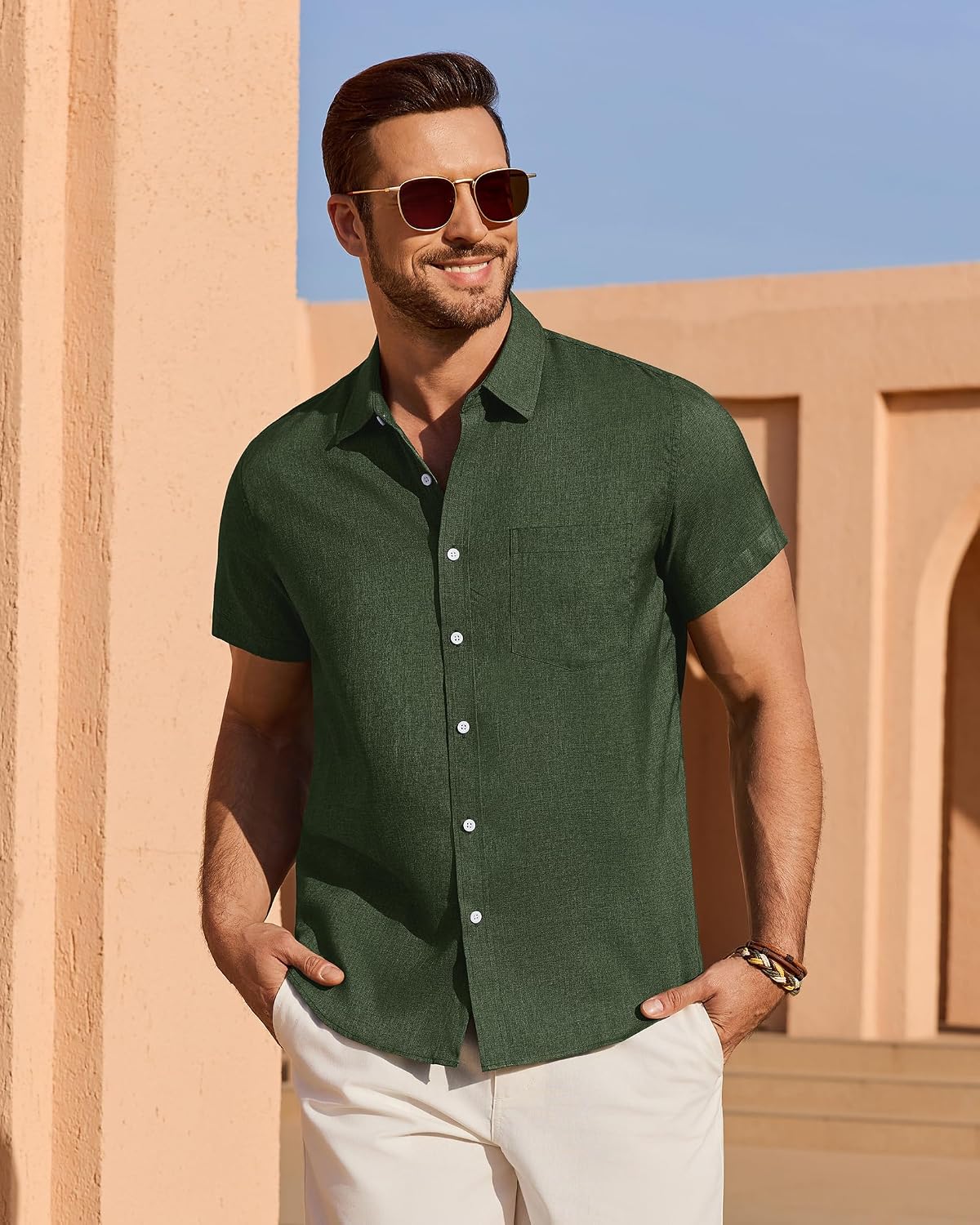 HOTMens Linen Shirt Short Sleeve Wrinkle Free Casual Untucked Button Down Shirts Beach Breathable Tops Summer