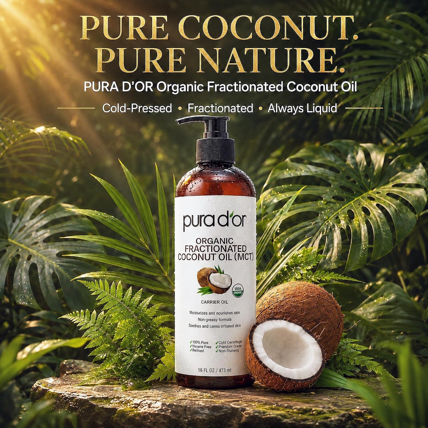 HOTPURA D'OR ORGANIC Fractionated Coconut Oil MCT Oil (16 Oz) 100% Pure & Natural USDA Certified