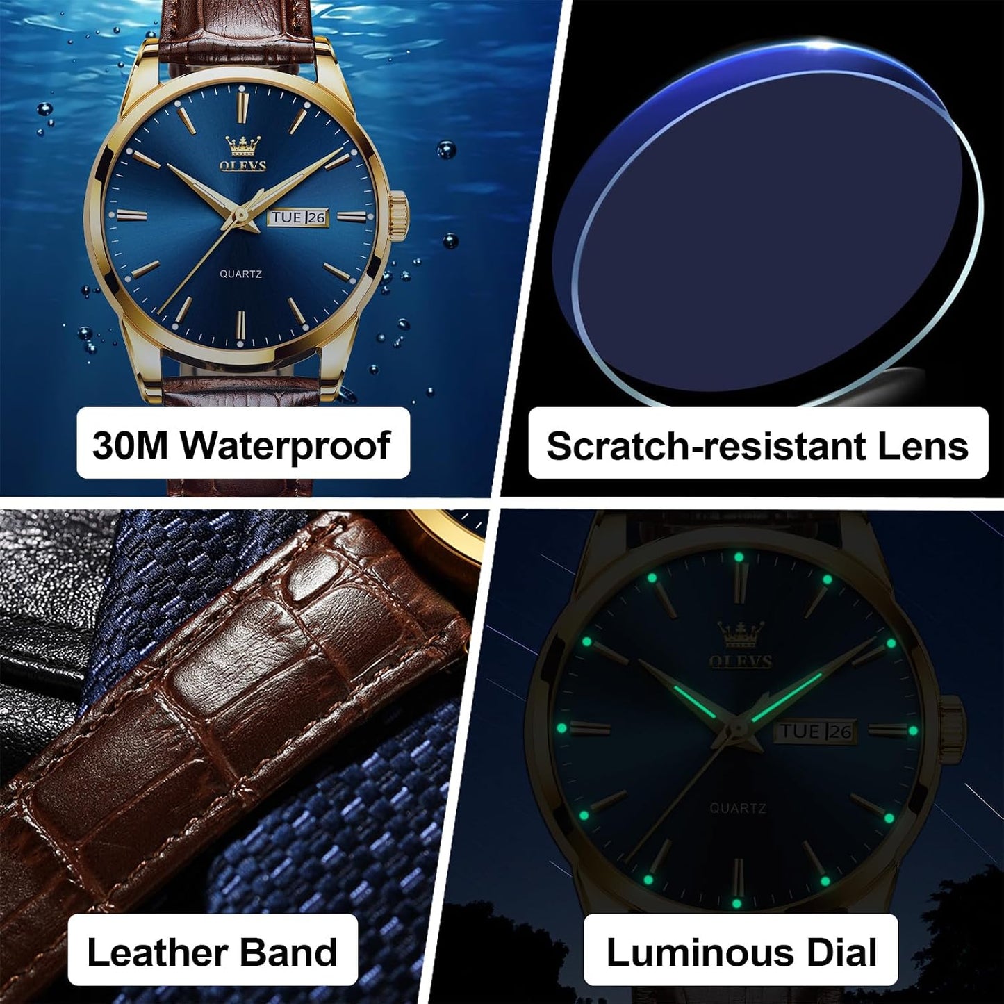HOTQBAIZI Men's Casual Leather Watch, Easy to Read Three-Hand Analog Stainless Steel Watches for Men, Minimalist Day Date Waterproof Luminous Mens Quartz Wristwatch