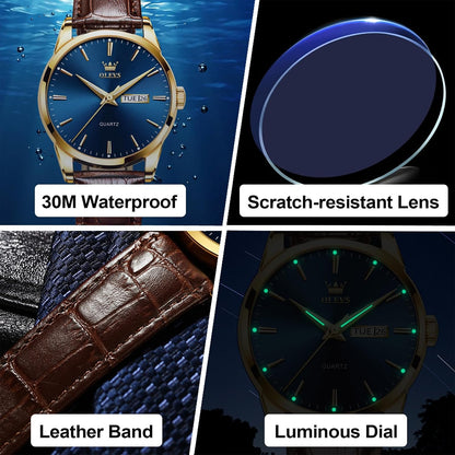 HOTQBAIZI Men's Casual Leather Watch, Easy to Read Three-Hand Analog Stainless Steel Watches for Men, Minimalist Day Date Waterproof Luminous Mens Quartz Wristwatch