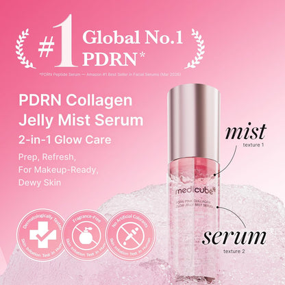 HOTmedicube Jelly Mist Serum with Pink PDRN Collagen, 2.02 fl.oz | Dual-Texture Glow Spray with Niacinamide, Glutathione, Hyaluronic Acid, Ceramide - Hydration, Radiance, Plump-Looking Skin