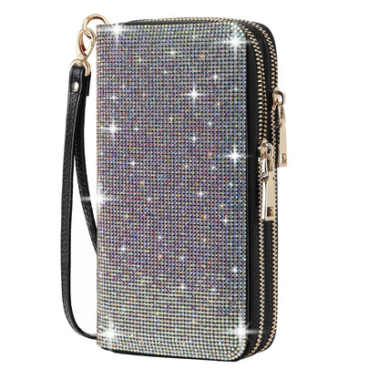 HOTWomen's Rhinestone Large Capacity Double Zipper Wristlet Clutch Purse Party Wallet Card Phone Holder