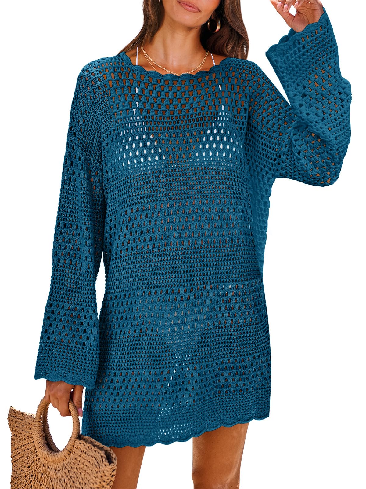 HOTANRABESS Women Swimsuit Crochet Swim Cover Up 2026 Summer Bathing Suit Swimwear Mesh Knit Beach Dress Vacation Outfits
