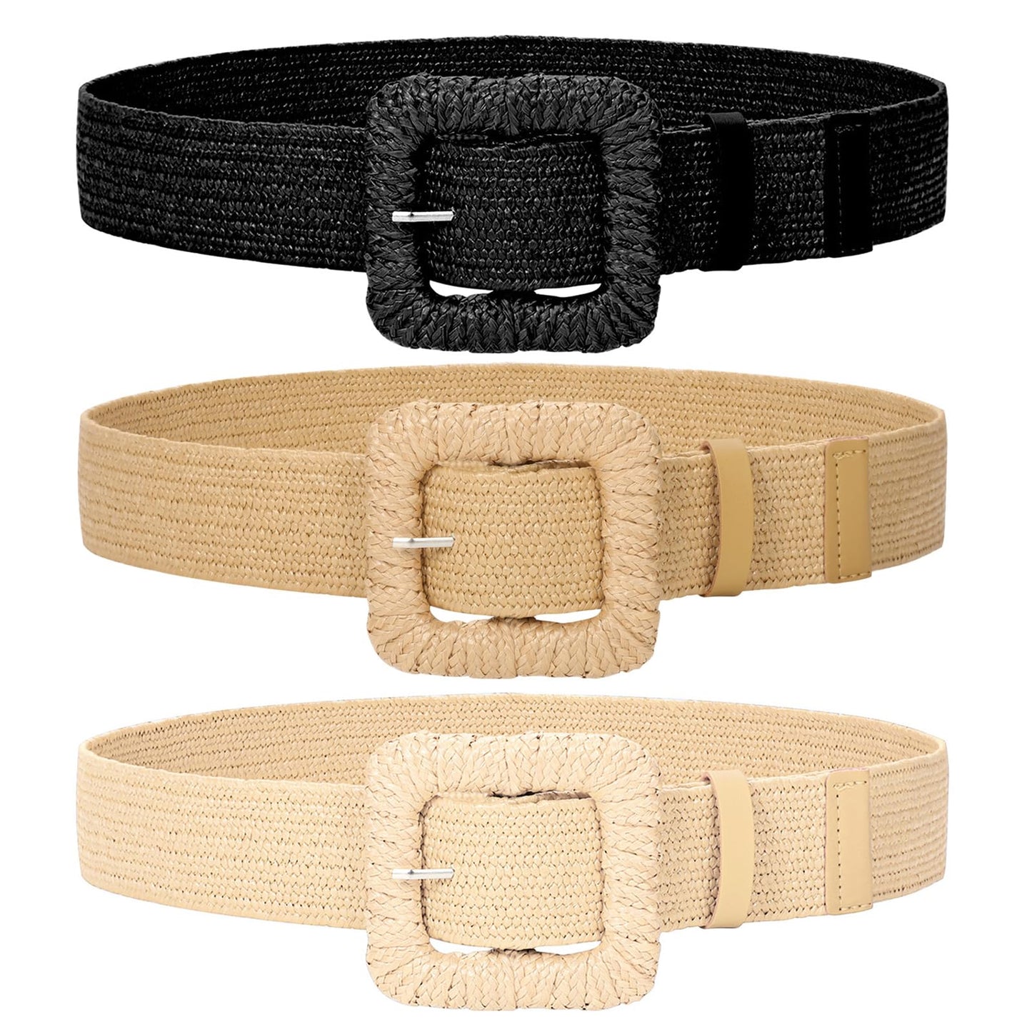 HOTWHIPPY 3 Packs Women Straw Woven Elastic Stretch Waist Belts Fashion Boho Braided Skinny Ladies Dress Belt