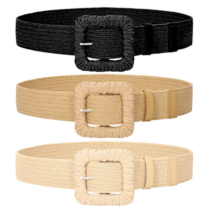 HOTWHIPPY 3 Packs Women Straw Woven Elastic Stretch Waist Belts Fashion Boho Braided Skinny Ladies Dress Belt