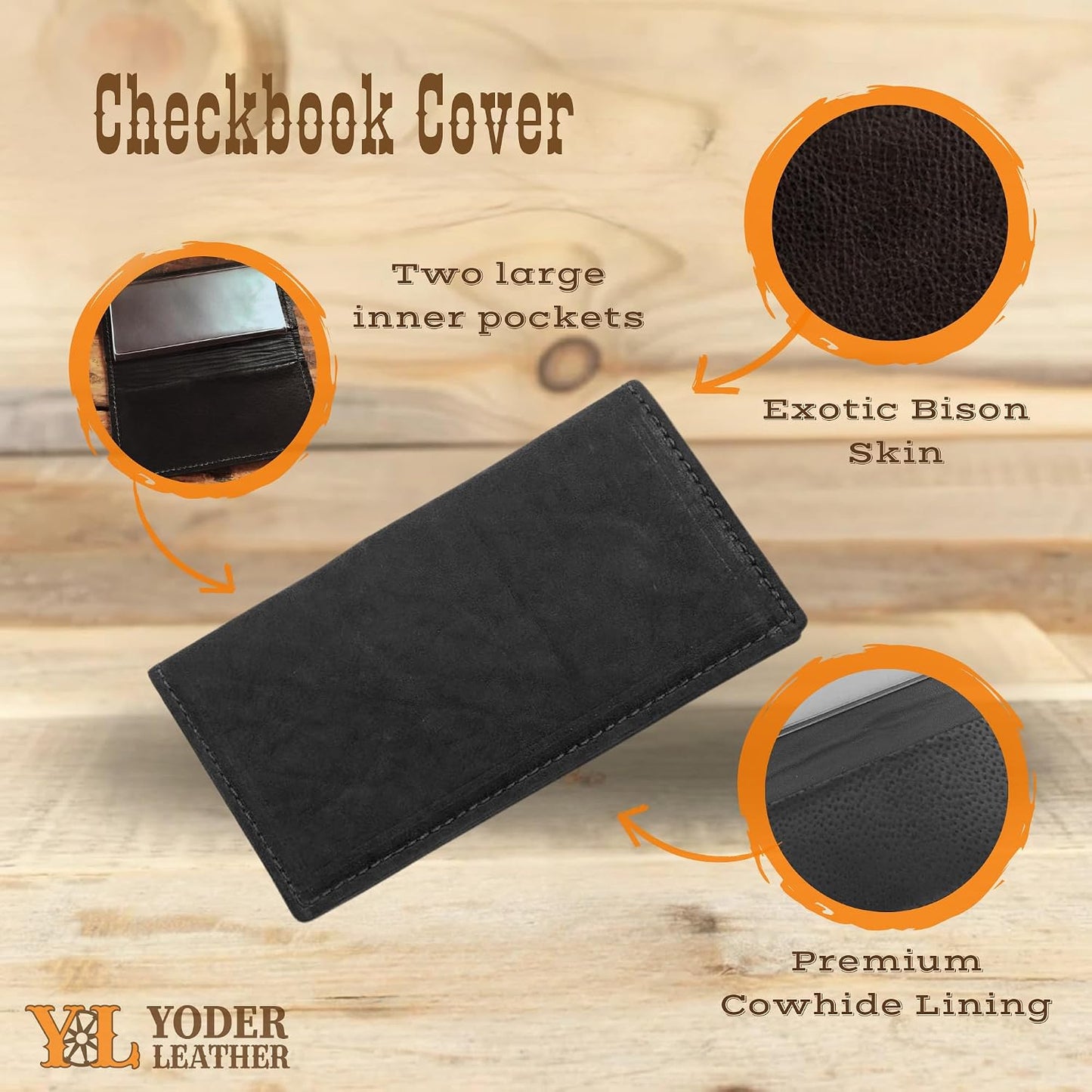 HOTYoder Leather Company Genuine Bison Leather Checkbook Cover for Men & Women (Black)