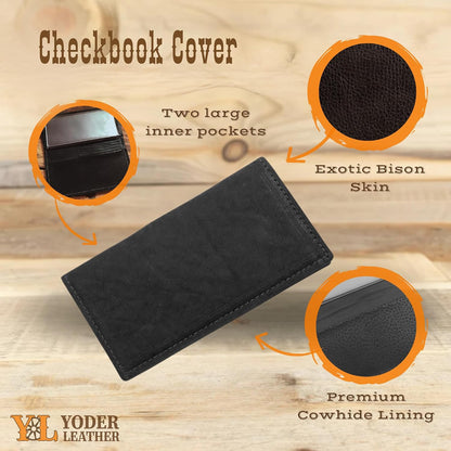 HOTYoder Leather Company Genuine Bison Leather Checkbook Cover for Men & Women (Black)