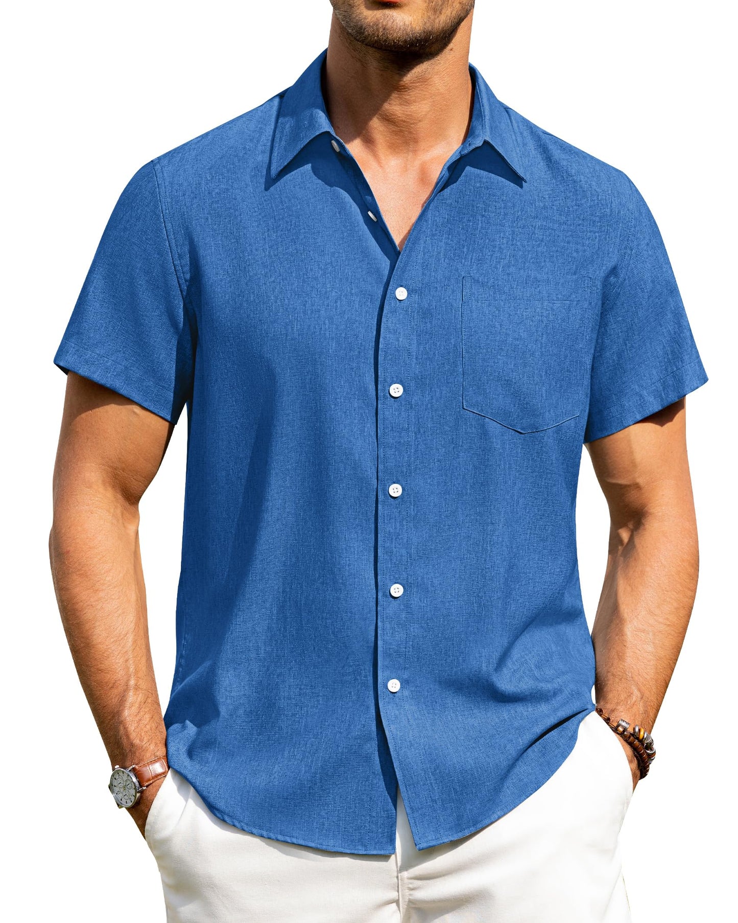 HOTAlimens & Gentle Mens Linen Shirts Short Sleeve Button Down Shirts Wrinkle Free Casual Vacation Beach Summer Tops