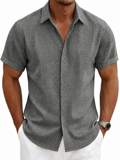 HOTMens Linen Shirts Short Sleeve Casual Shirt Button Down Summer Beach Vacation Tops Men Casual Dress Shirts Breathable