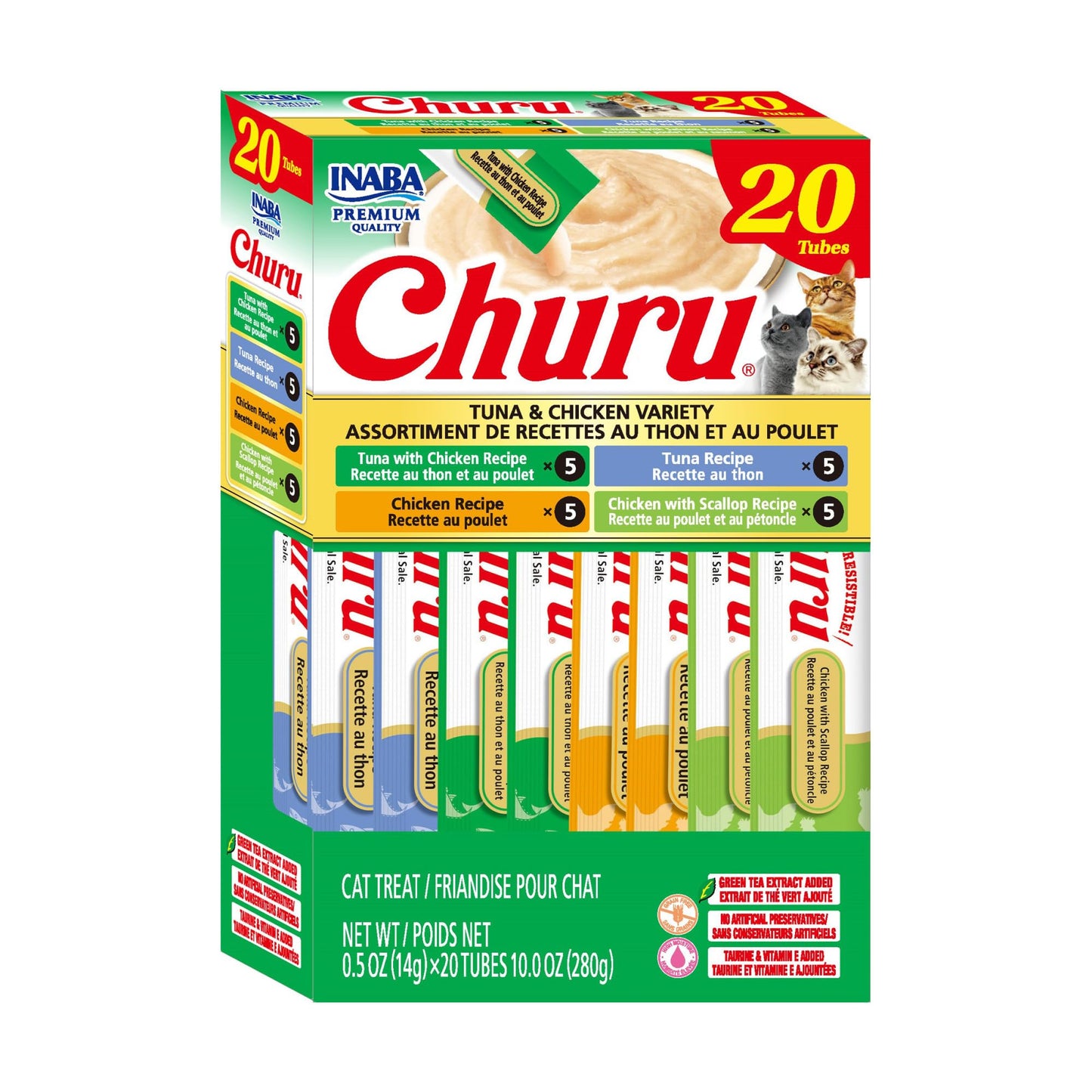 HOTINABA Churu Cat Treats, Lickable, Squeezable Creamy Purée Cat Treat with Green Tea Extract & Taurine, 0.5 Ounces Each Tube, 20 Tubes, Tuna & Seafood Variety Box