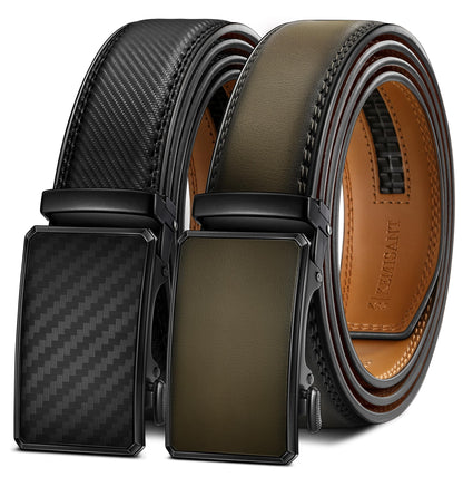 HOTKEMISANT Men's Ratchet Leather Belt 2Pack-Trimmable 1 3/8“-Gift Boxed | Smooth Sliding | Micro Adjustable Fit | Tailored Size | Holeless Understated Elegance