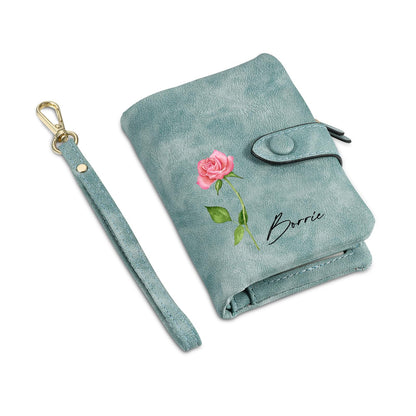 HOTPersonalized Custom Wallet with Birth Flower & Name for Women Mom Credit Card Wallet With Wrist Strap Birthday Gifts for Mothers Day (Pink)